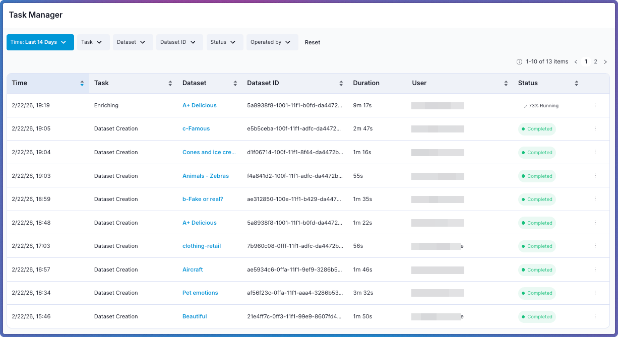 Task Manager interface showing operation history