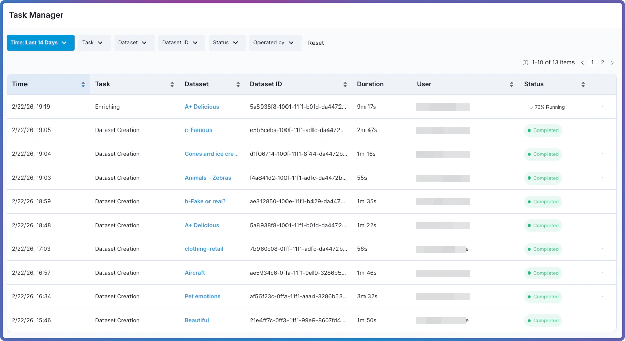 Task Manager interface showing operation history