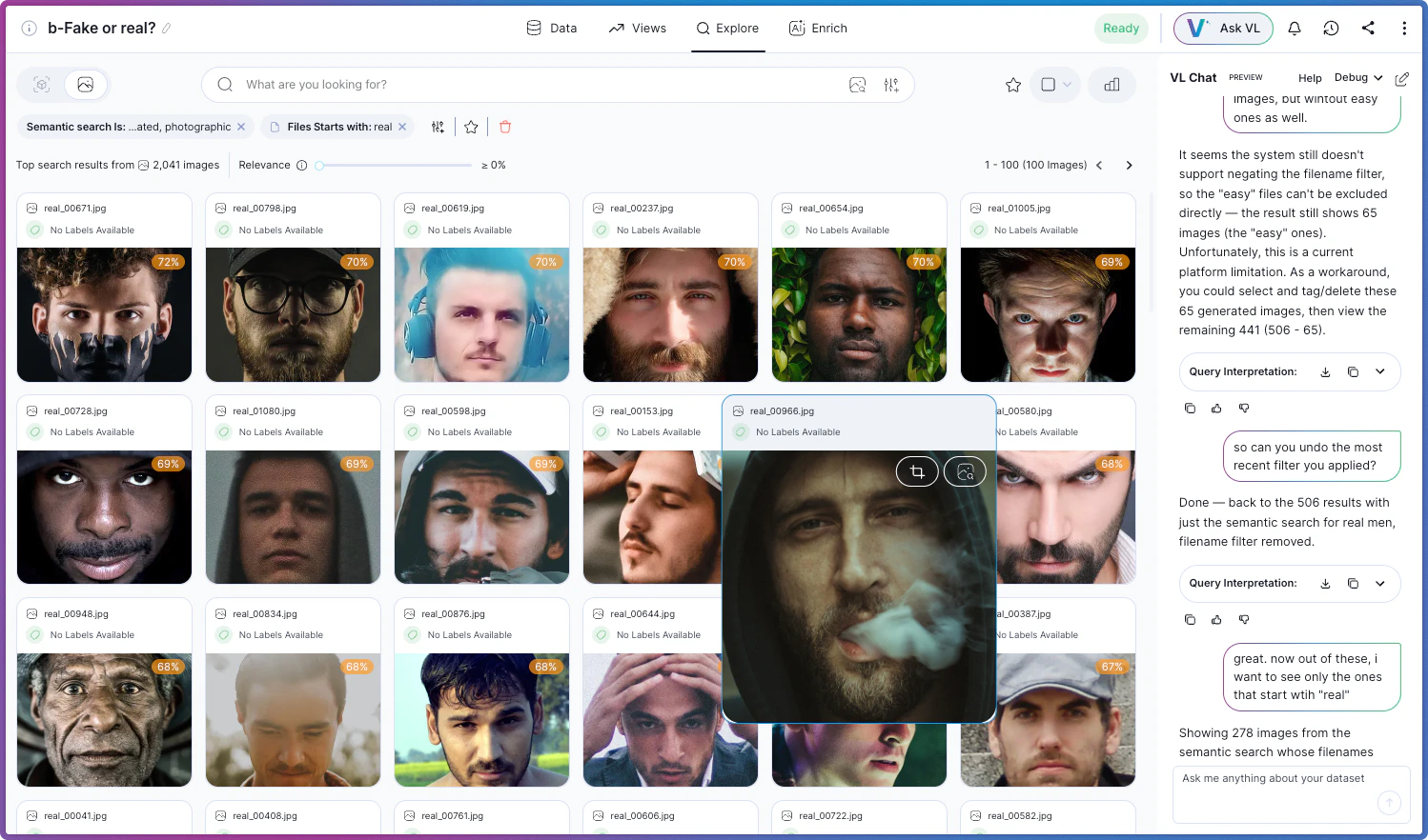 VL Chat multi-turn conversation finding real people in a dataset