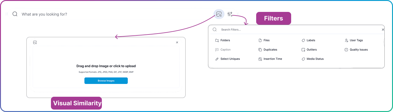 Search box with visual search upload dialog and filter menu
