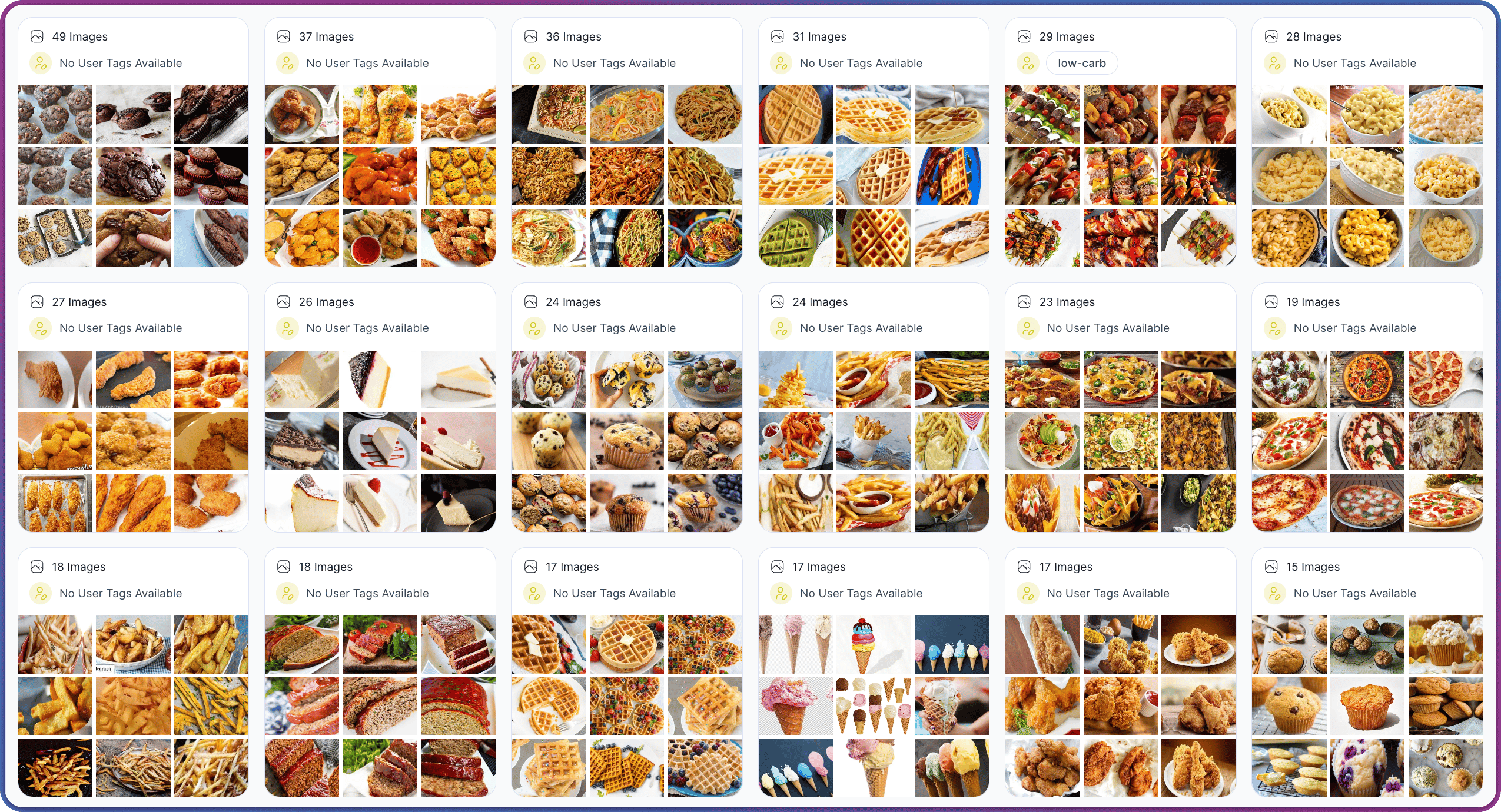 Cluster view of a dataset with cluster cards arranged in a grid