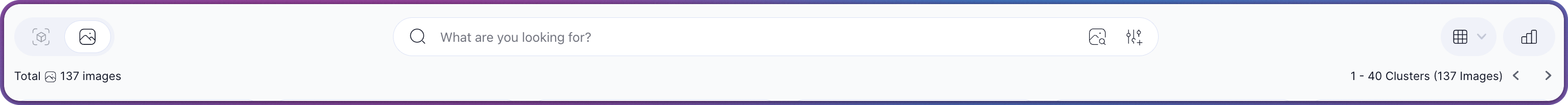 Filter and search area with the Search Type Toggle on the left, Search box in the center, and Layout Toggle on the right