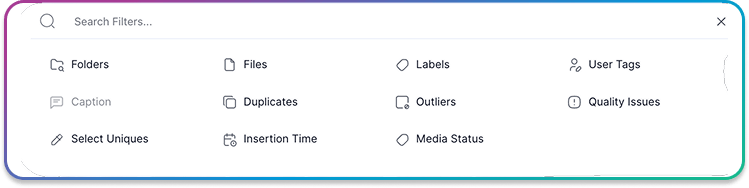 Filters menu with folders, files, labels, user tags, caption, duplicates, outliers, quality issues, select uniques, insertion time, and media status