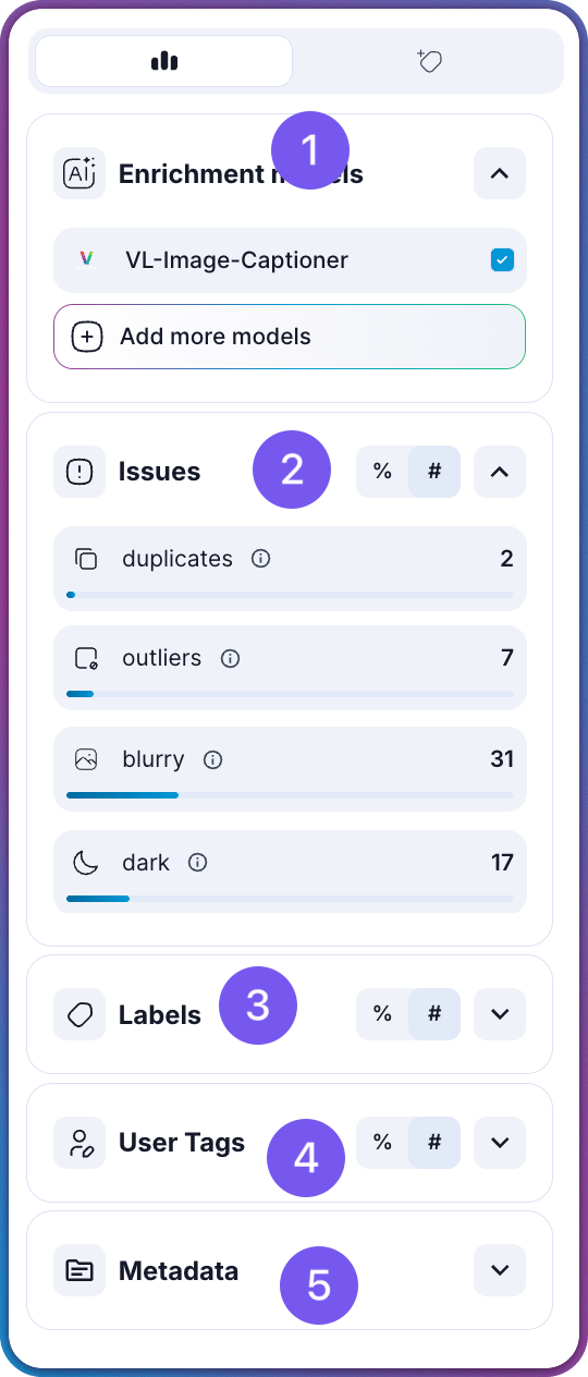 Insights Panel showing enrichment models, quality issues, labels, user tags, and metadata for the current view