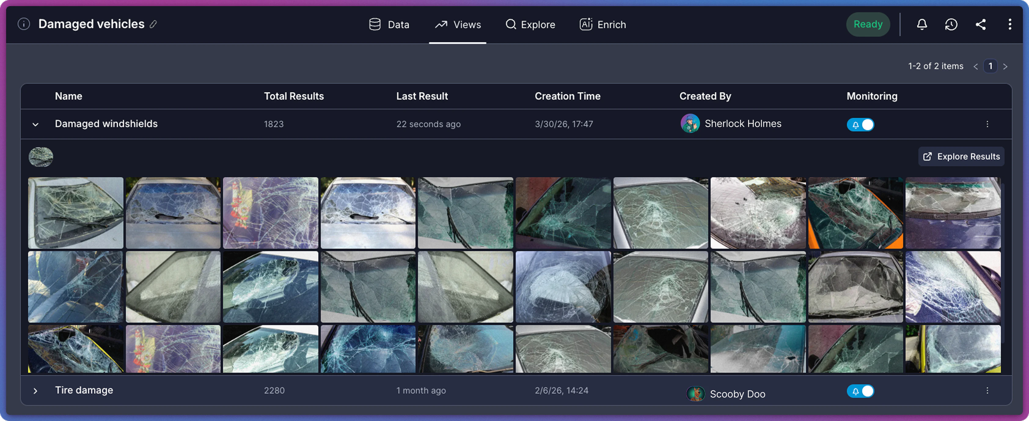 Expanded view row showing trend chart and image preview grid