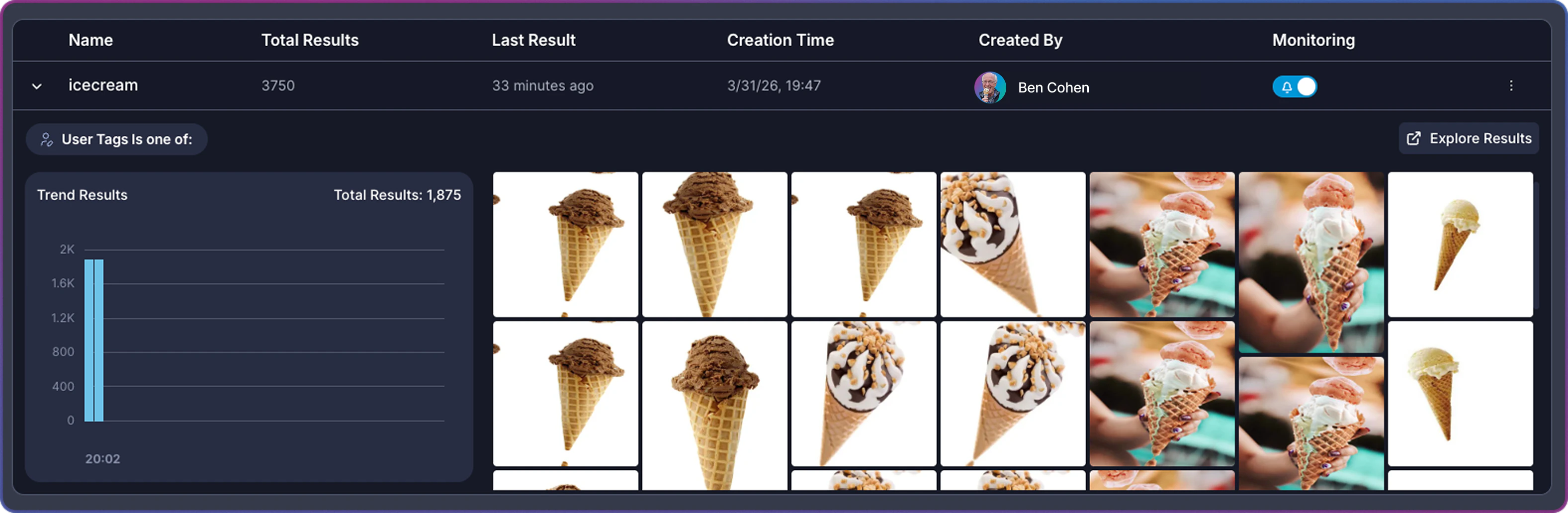 Expanded view row showing trend chart with result counts and image preview grid