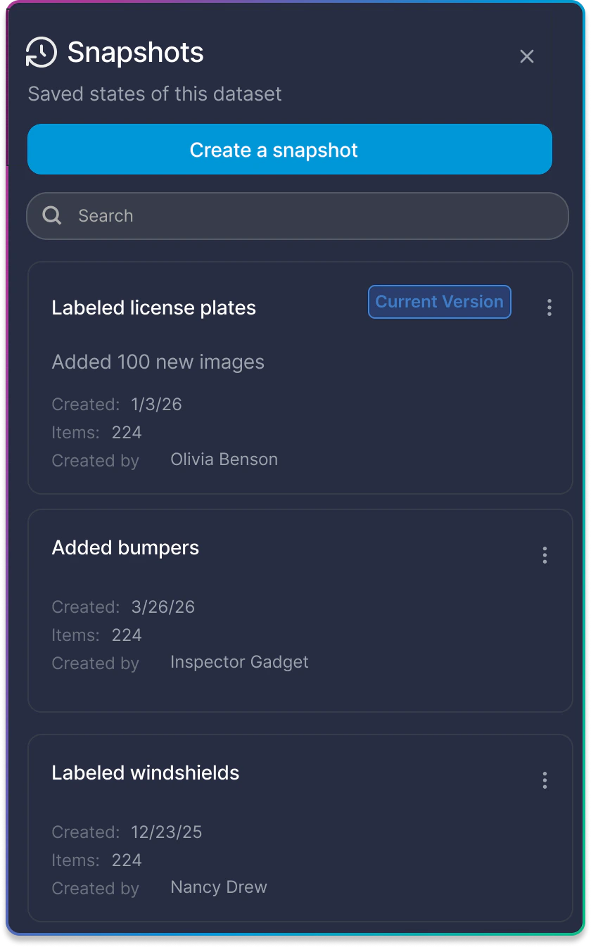 Snapshot Catalog drawer showing list of saved snapshots