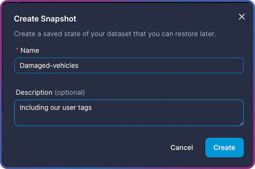 Create Snapshot dialog with name and description fields