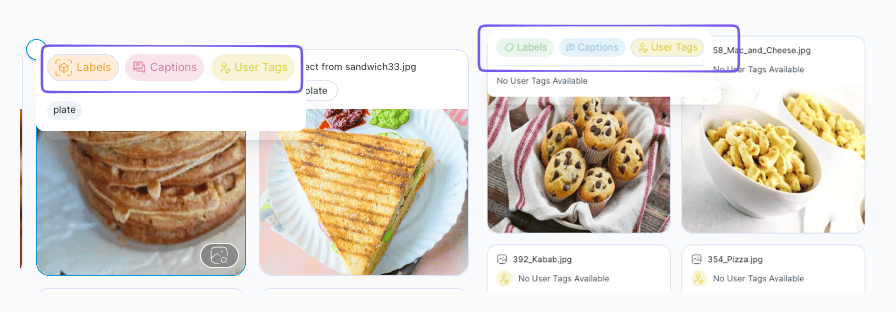 Metadata switch on a cluster card toggling between Labels, Captions, and User Tags