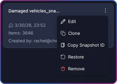 Snapshot three-dot menu showing Edit, Clone, Copy Snapshot ID, Restore, and Remove options