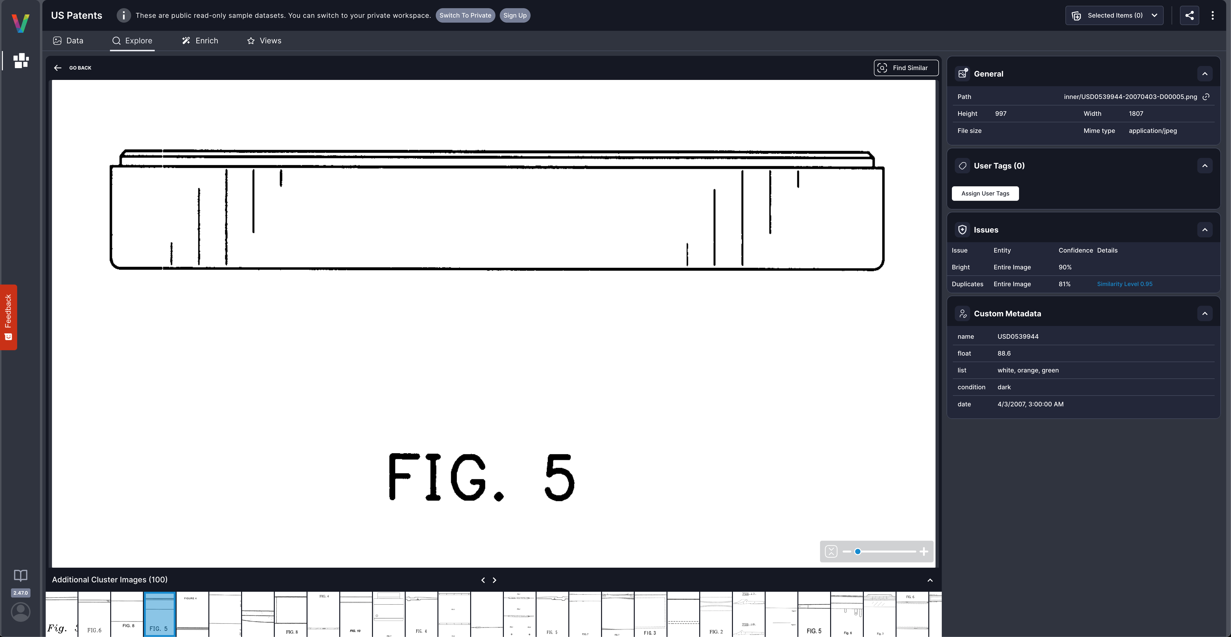 Custom metadata displayed in Visual Layer showing fields like name, float value, list of tags, condition, and date