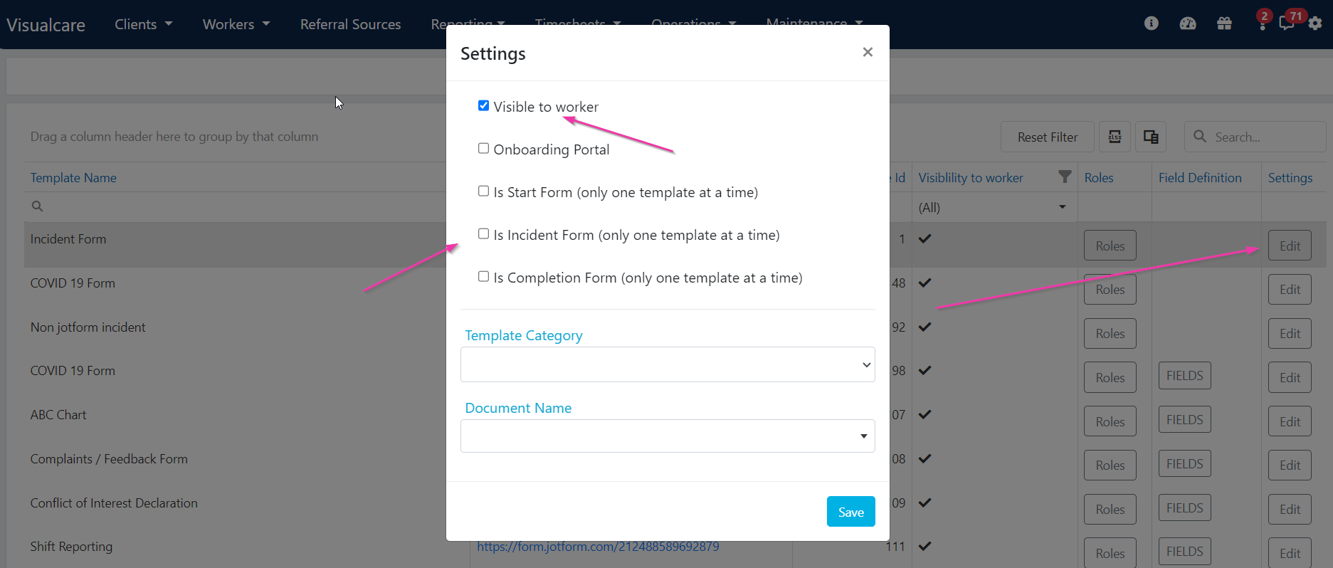 Form template edit settings