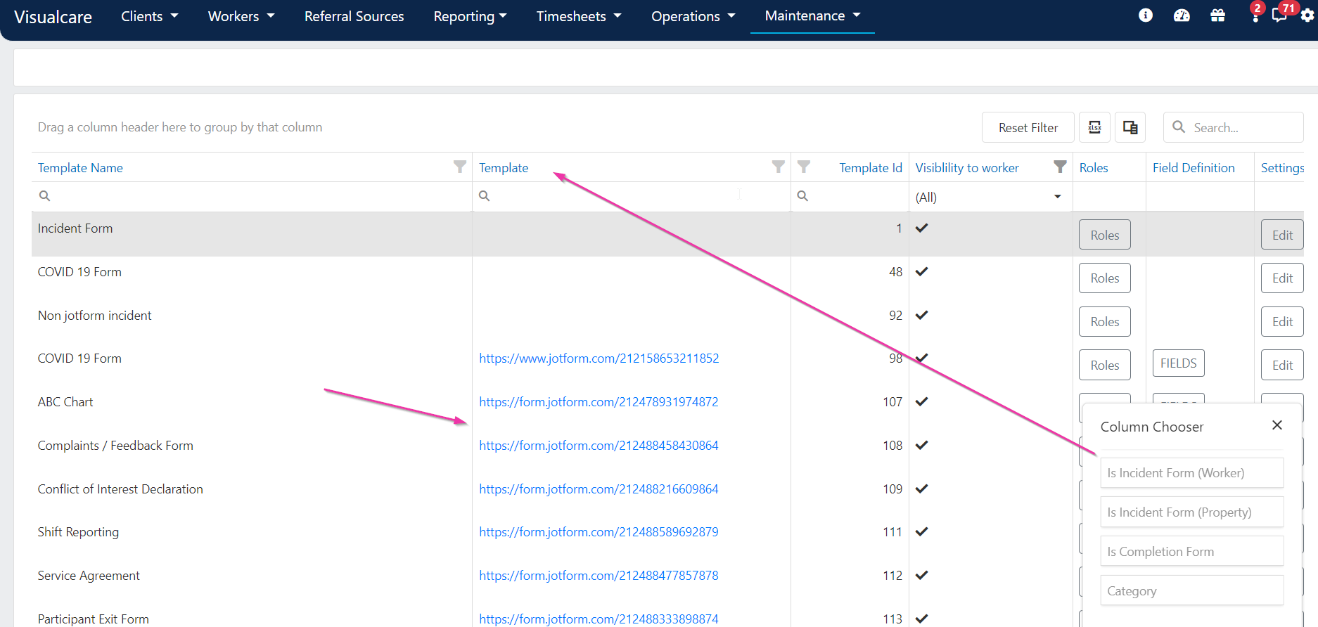 Column chooser for template types