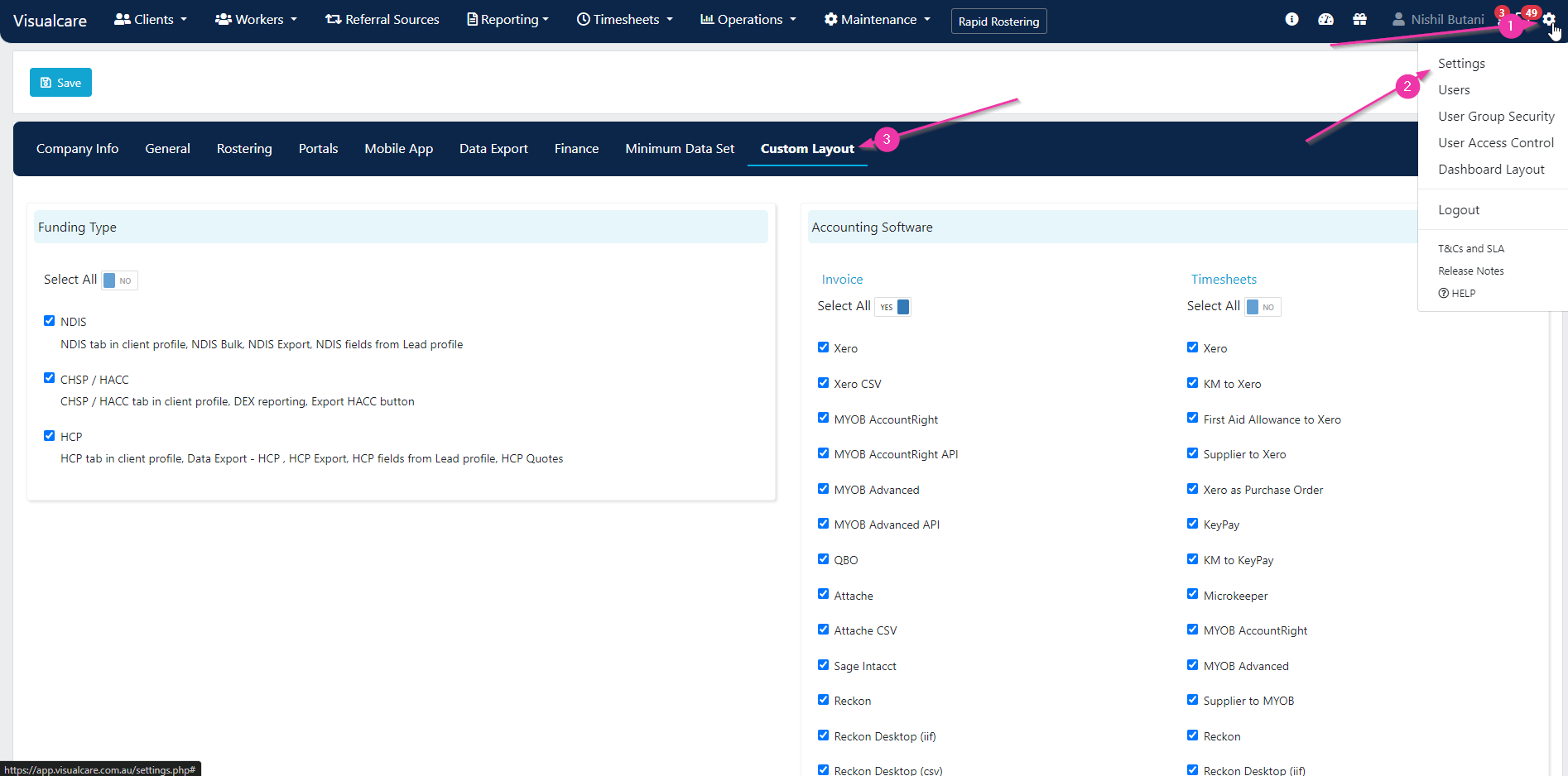 Custom layout settings