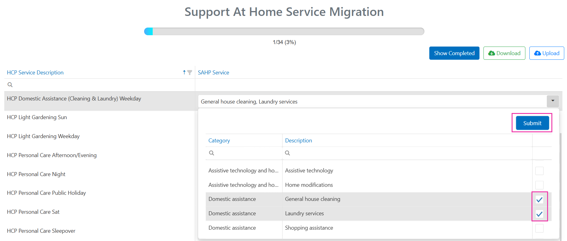 Multiple SAH service mapping