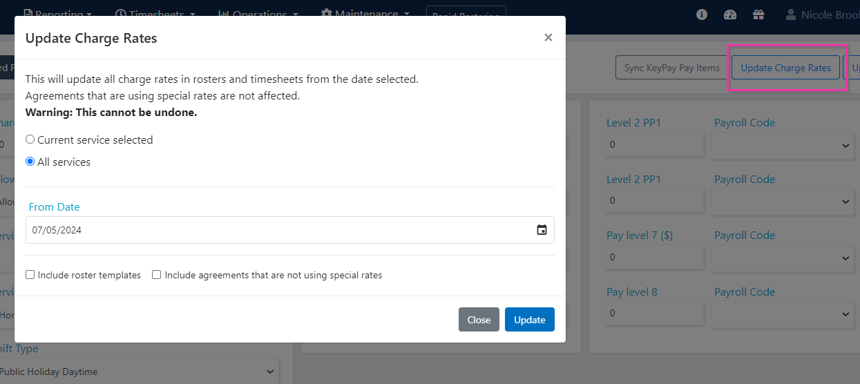 Update charge rates dialog