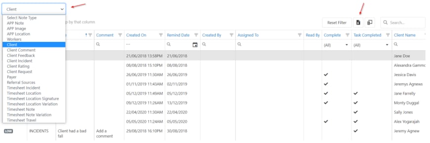 Notes report with type selection and filter options