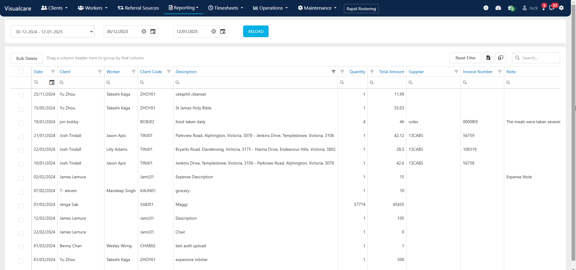 Expenses report with date filters and column options