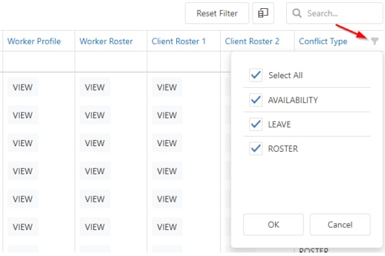 Roster conflicts report showing conflict types