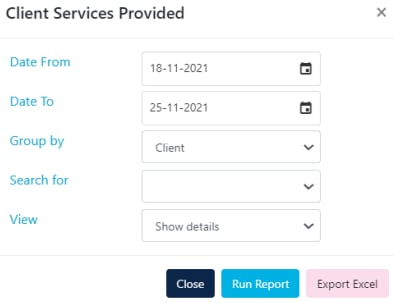 Client services provided report with grouping options