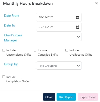 Monthly hours breakdown report with filter options