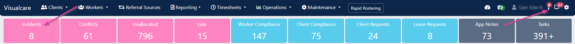 The Incidents KPI tile and notification indicator on the VCore home page