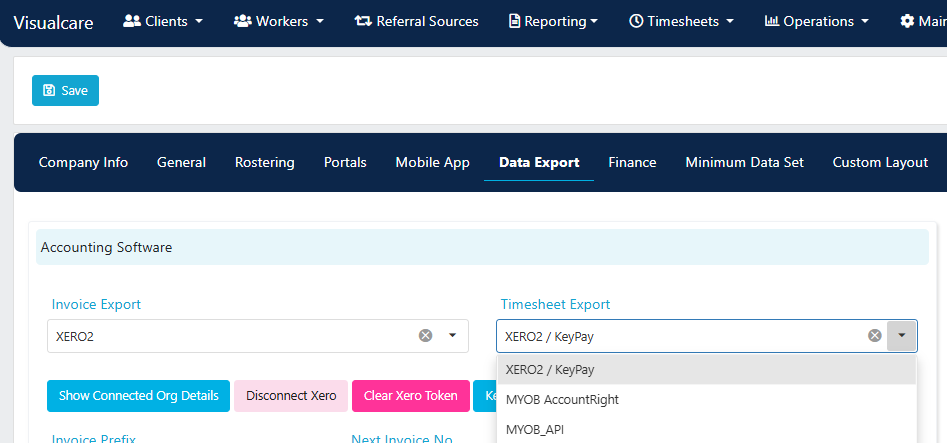 Timesheet export drop-down showing XERO2 / KeyPay selected