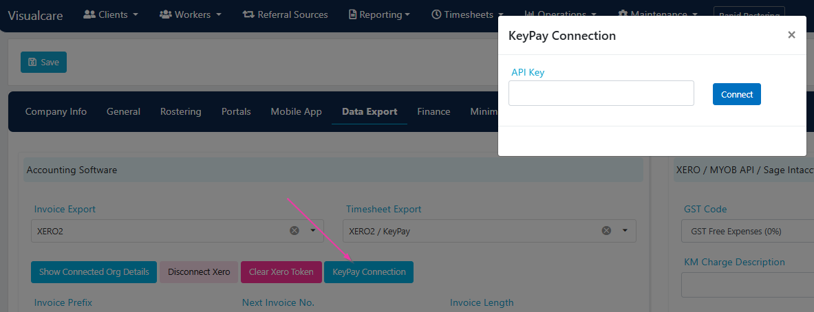 KeyPay API key connection pop-up