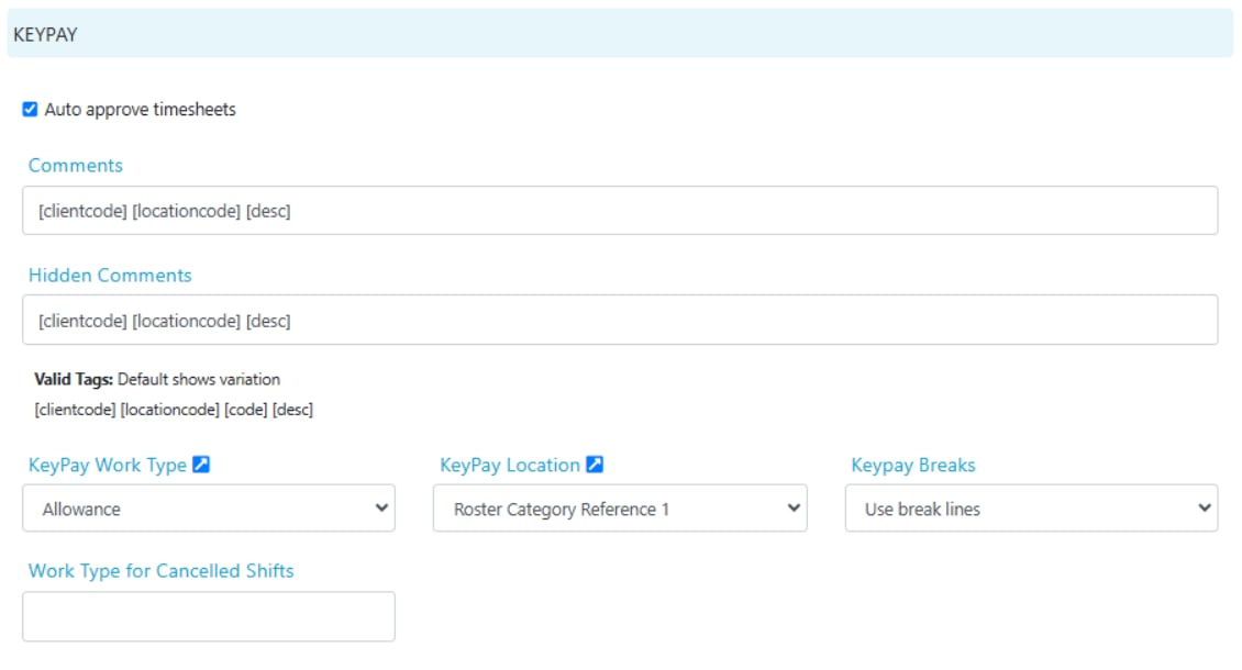 KeyPay customisation settings