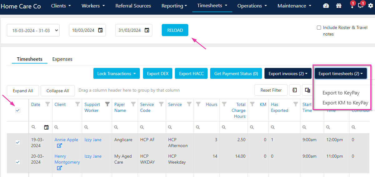 Export to KeyPay option in timesheets
