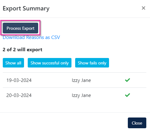 Export summary window