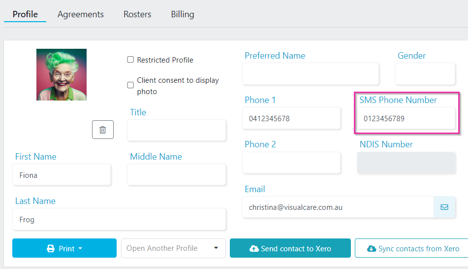 SMS phone number field on client profile