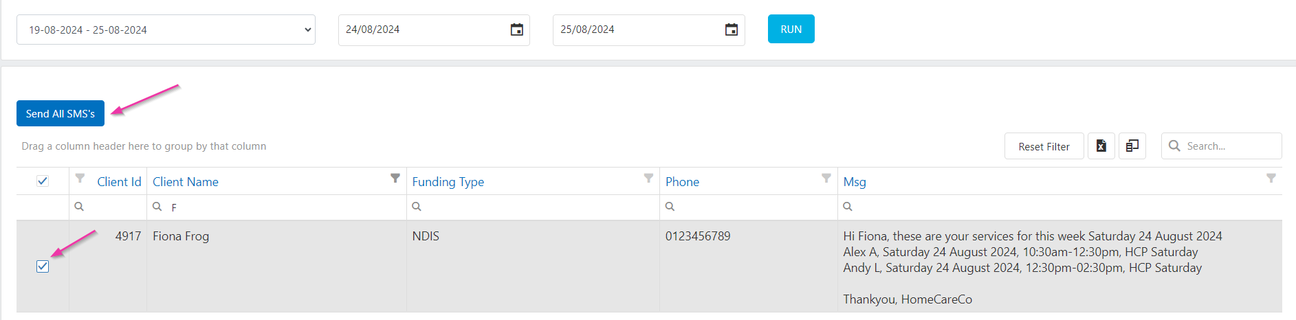 SMS message list with prefilled messages