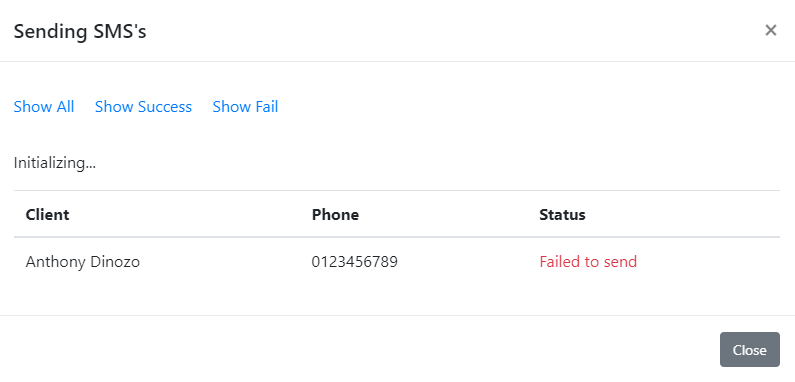 SMS send status showing Send ID