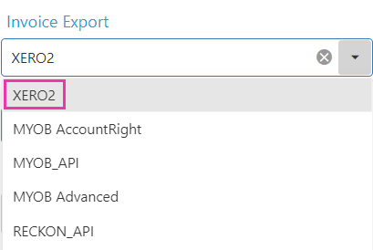 Invoice export drop-down showing XERO2 selected