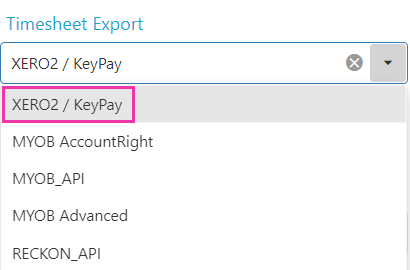Timesheet export drop-down showing XERO2 / KeyPay selected