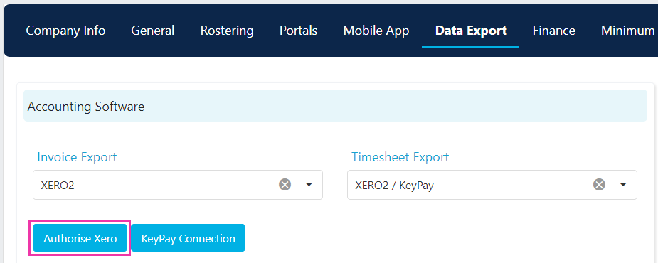 Authorise Xero button in data export settings
