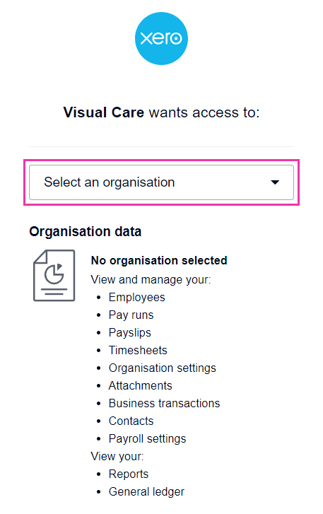 Xero organisation selection screen