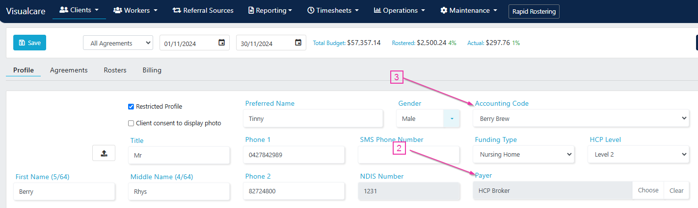 Payer and accounting code fields on client profile