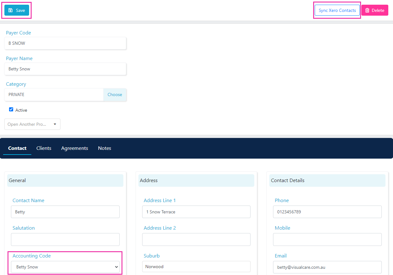 Payer profile with Accounting Code drop-down