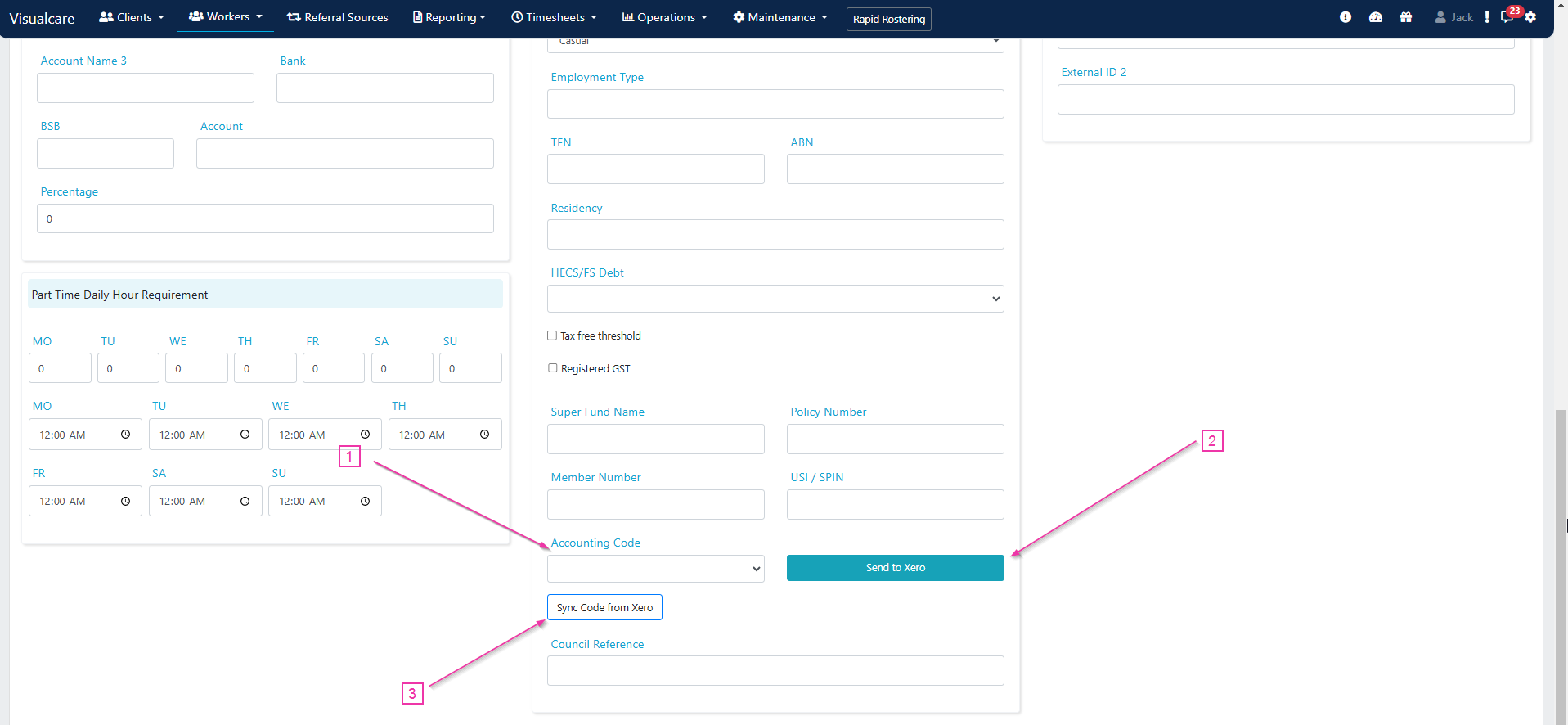 Worker accounting code, send to Xero, and sync contacts buttons