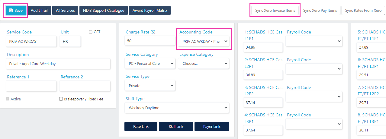 Service accounting code and sync invoice items