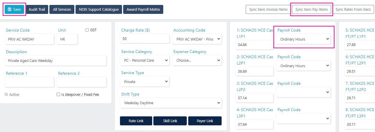 Payroll code selection for services