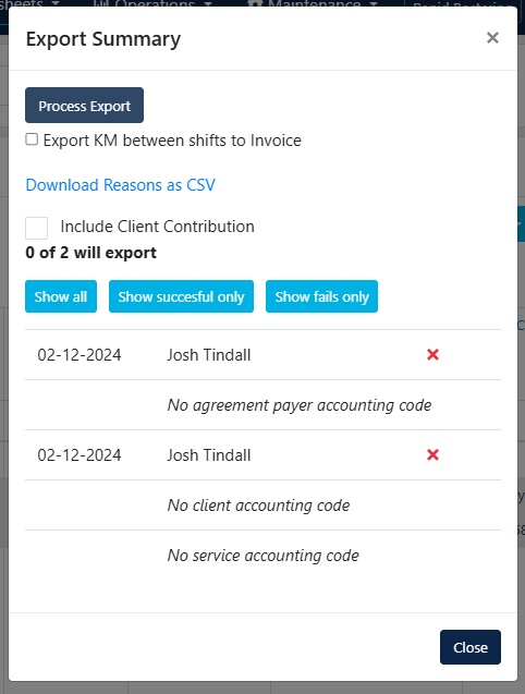 Export summary showing invoice errors