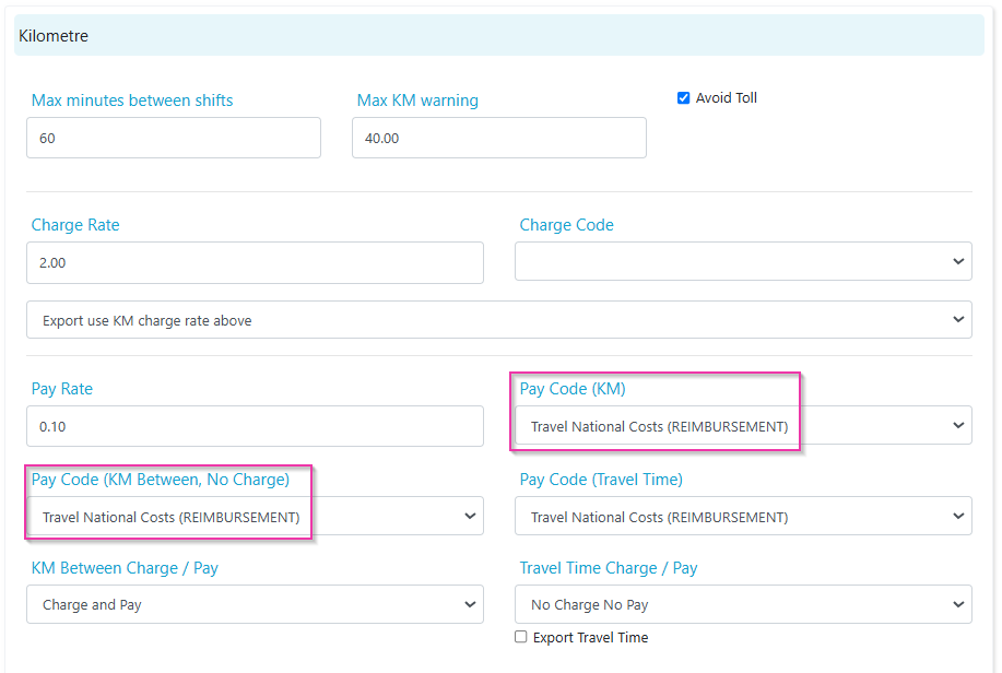 Kilometre pay type settings