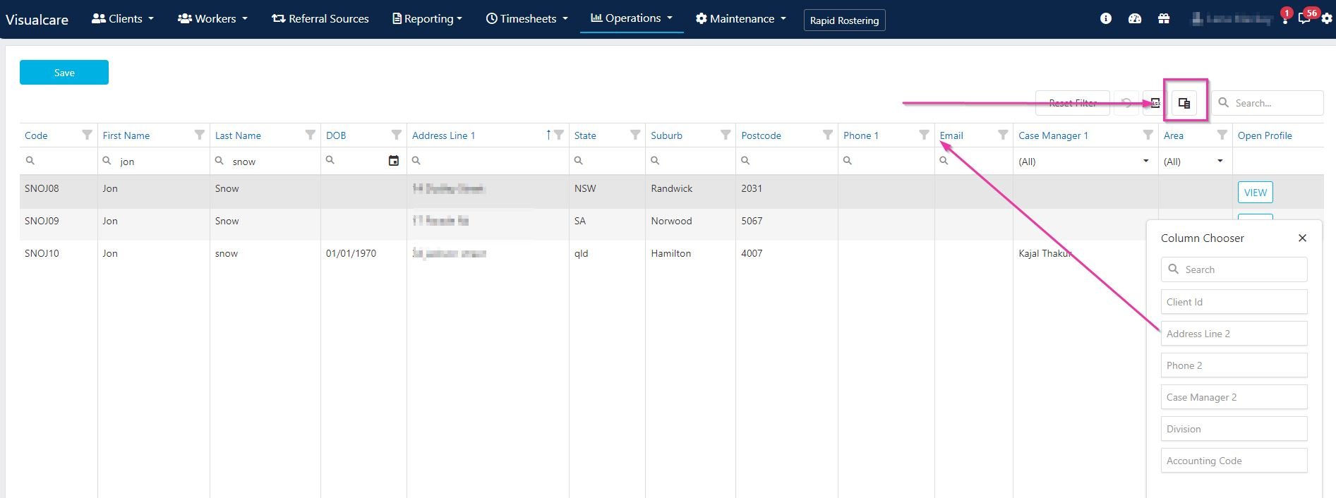 Column chooser for clients