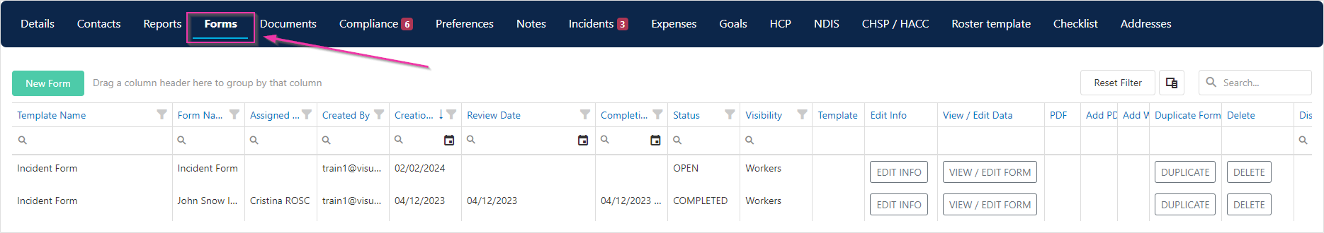 Client forms tab