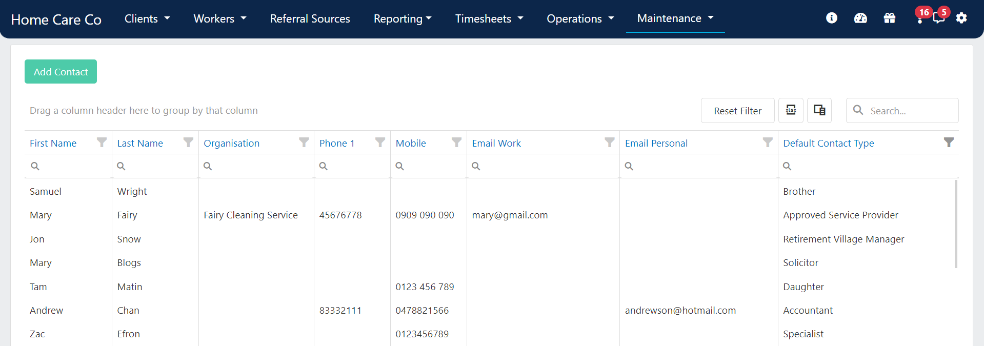 Contacts list
