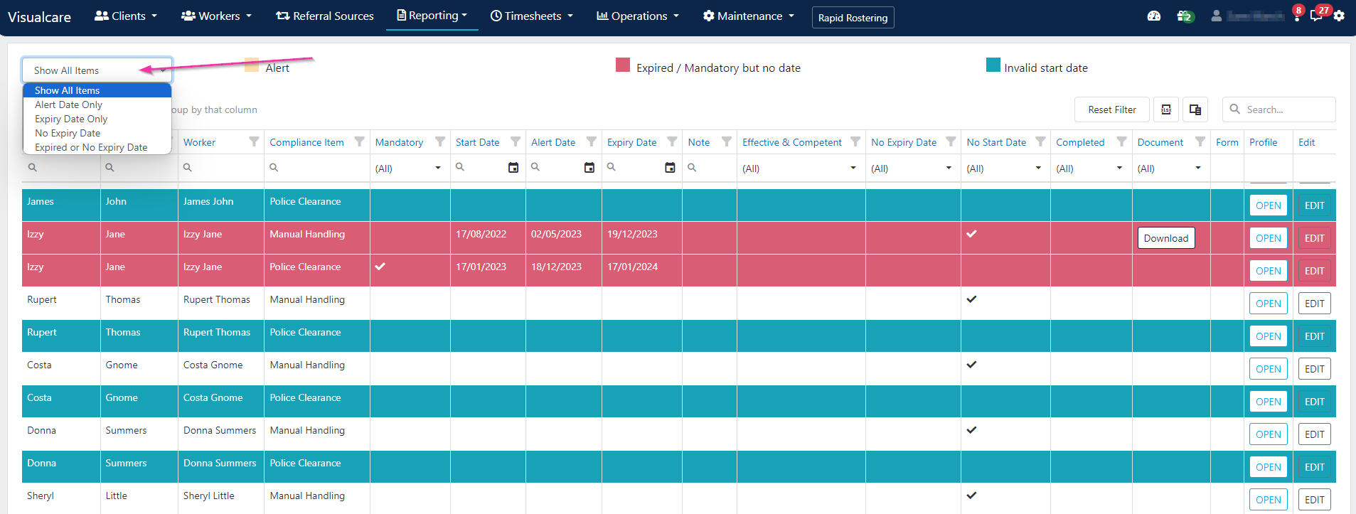 Compliance detail view with filtering options for alert and expired items