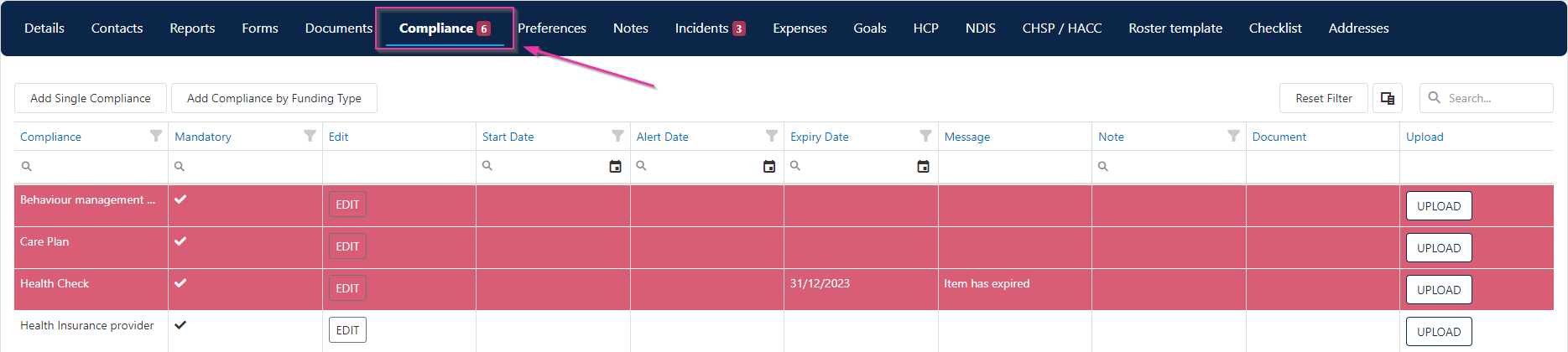 The Compliance tab on a client profile